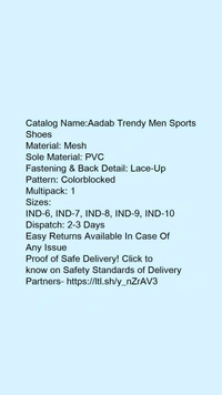 Catalog Name:*Aadab Trendy Men Sports Shoes*Material: MeshSole Material: PVCFastening & Back Detail: Lace-UpPattern: ColorblockedMultipack: 1 - IND-9