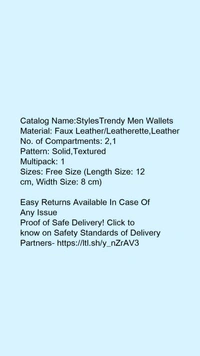 Catalog Name:*StylesTrendy Men Wallets*Material: Faux Leather/Leatherette,LeatherNo. of Compartments: 2,1Pattern: Solid,TexturedMultipack: 1 - Free size