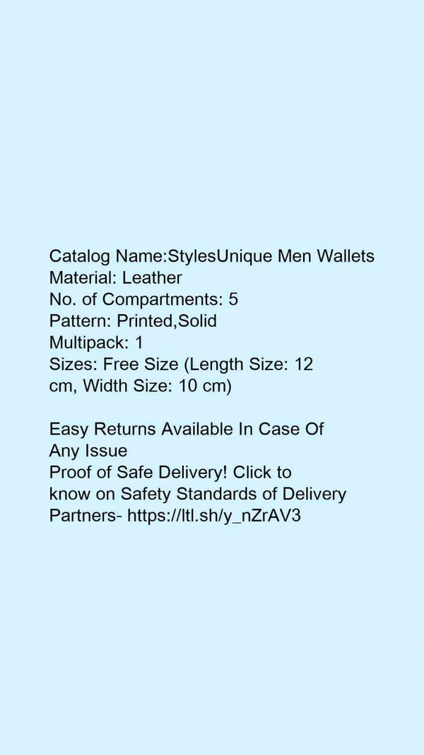 Catalog Name:*StylesUnique Men Wallets*Material: LeatherNo. of Compartments: 5Pattern: Printed,SolidMultipack: 1 - Free size