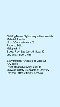 Catalog Name:*StylesUnique Men Wallets*Material: LeatherNo. of Compartments: 2Pattern: SolidMultipack: 1 - Free size