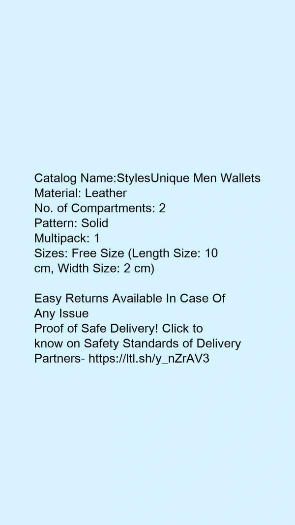 Catalog Name:*StylesUnique Men Wallets*Material: LeatherNo. of Compartments: 2Pattern: SolidMultipack: 1 - Free size