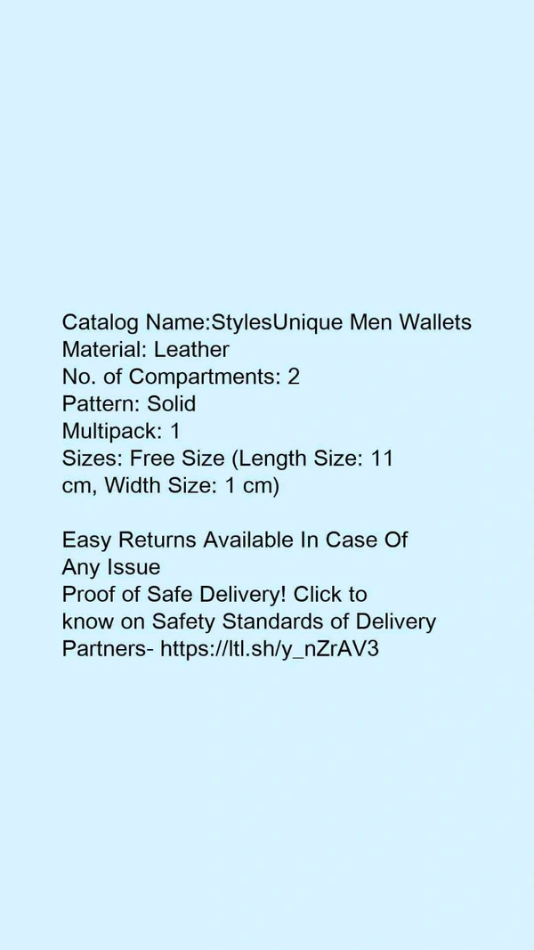Catalog Name:*StylesUnique Men Wallets*Material: LeatherNo. of Compartments: 2Pattern: SolidMultipack: 1 - Free size