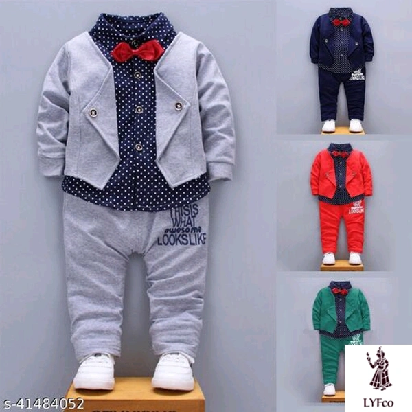 Catalog Name:*Pretty Funky Boys Top & Bottom Sets*Top Fabric: Hosiery CottonBottom Fabric: Hosiery CottonSleeve Length: Long SleevesTop Pattern: Self DesignBottom Pattern: Self-DesignMultipack: SingleAdd-Ons: Bow Tie - 4-5 Years