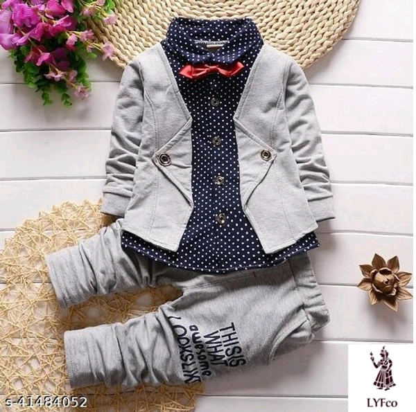 Catalog Name:*Pretty Funky Boys Top & Bottom Sets*Top Fabric: Hosiery CottonBottom Fabric: Hosiery CottonSleeve Length: Long SleevesTop Pattern: Self DesignBottom Pattern: Self-DesignMultipack: SingleAdd-Ons: Bow Tie - 9-12 Months