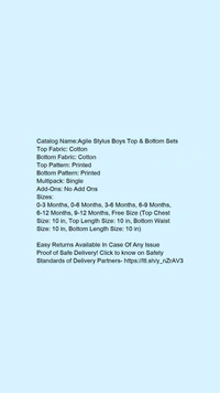 Catalog Name:*Agile Stylus Boys Top & Bottom Sets*Top Fabric: CottonBottom Fabric: CottonTop Pattern: PrintedBottom Pattern: PrintedMultipack: SingleAdd-Ons: No Add Ons - 9-12 Months