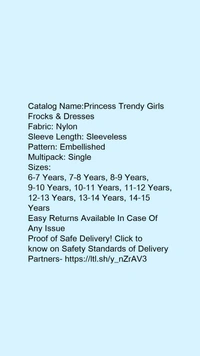 Catalog Name:*Princess Trendy Girls Frocks & Dresses*Fabric: NylonSleeve Length: SleevelessPattern: EmbellishedMultipack: Single - 6-7 Years