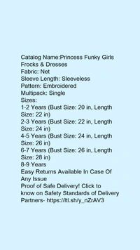 Catalog Name:*Princess Funky Girls Frocks & Dresses*Fabric: NetSleeve Length: SleevelessPattern: EmbroideredMultipack: Single - 6-7 Years