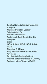 Catalog Name:*Latest Women Juttis & Mojaris*Material: Syntethic LeatherSole Material: PvcPattern: EmbellishedFastening & Back Detail: Slip-OnMultipack: 2 - IND-9