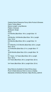 Catalog Name:*Flawsome Fancy Girls Frocks & Dresses*Fabric: Cotton BlendSleeve Length: Long SleevesPattern: CheckedMultipack: Single - 0-3Months