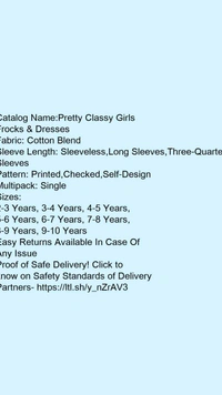 Catalog Name:*Pretty Classy Girls Frocks & Dresses*Fabric: Cotton BlendSleeve Length: Sleeveless,Long Sleeves,Three-Quarter SleevesPattern: Printed,Checked,Self-DesignMultipack: Single - 4-5 Years