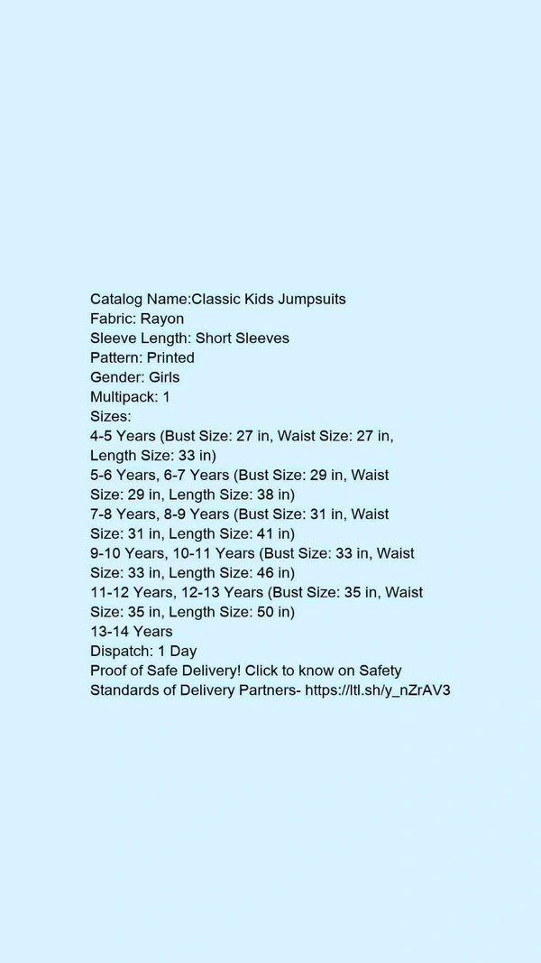 Catalog Name:*Classic Kids Jumpsuits*Fabric: RayonSleeve Length: Short SleevesPattern: PrintedGender: GirlsMultipack: 1 - 6-7 Years