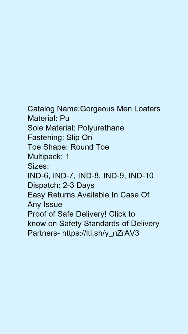 Catalog Name:*Gorgeous Men Loafers*Material: PuSole Material: PolyurethaneFastening: Slip OnToe Shape: Round ToeMultipack: 1 - 8