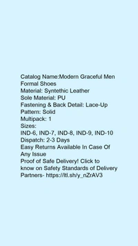 Catalog Name:*Modern Graceful Men Formal Shoes*Material: Syntethic LeatherSole Material: PUFastening & Back Detail: Lace-UpPattern: SolidMultipack: 1 - 10