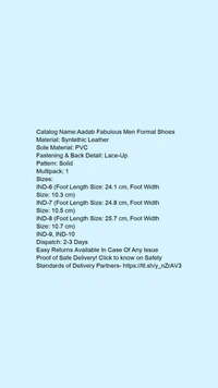 Catalog Name:*Aadab Fabulous Men Formal Shoes*Material: Syntethic LeatherSole Material: PVCFastening & Back Detail: Lace-UpPattern: SolidMultipack: 1 - 10