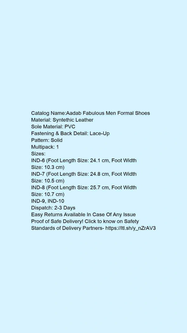 Catalog Name:*Aadab Fabulous Men Formal Shoes*Material: Syntethic LeatherSole Material: PVCFastening & Back Detail: Lace-UpPattern: SolidMultipack: 1 - 10
