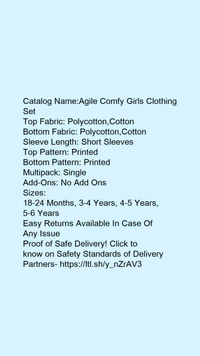 Catalog Name:*Agile Comfy Girls Clothing Set*Top Fabric: Polycotton,CottonBottom Fabric: Polycotton,CottonSleeve Length: Short SleevesTop Pattern: PrintedBottom Pattern: PrintedMultipack: SingleAdd-Ons: No Add Ons - 4-5