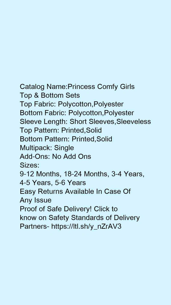 Catalog Name:*Princess Comfy Girls Top & Bottom Sets*Top Fabric: Polycotton,PolyesterBottom Fabric: Polycotton,PolyesterSleeve Length: Short Sleeves,SleevelessTop Pattern: Printed,SolidBottom Pattern: Printed,SolidMultipack: SingleAdd-Ons: No Add Ons - 4-5 Years