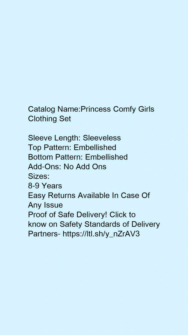 Catalog Name:*Princess Comfy Girls Clothing Set*Sleeve Length: SleevelessTop Pattern: EmbellishedBottom Pattern: EmbellishedAdd-Ons: No Add Ons - 8-9 Years