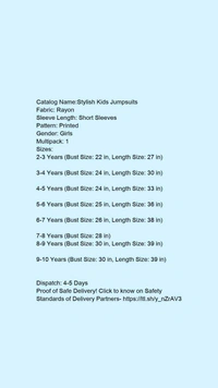 Catalog Name:*Stylish Kids Jumpsuits*Fabric: RayonSleeve Length: Short SleevesPattern: PrintedGender: GirlsMultipack: 1 - 2-3 Years
