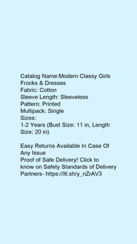 Catalog Name:*Modern Classy Girls Frocks & Dresses*Fabric: CrepeSleeve Length: SleevelessPattern: PrintedMultipack: Single - 1-2 Years