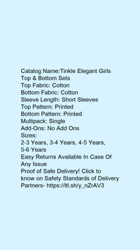 Catalog Name:*Tinkle Elegant Girls Top & Bottom Sets*Top Fabric: CottonBottom Fabric: CottonSleeve Length: Short SleevesTop Pattern: PrintedBottom Pattern: PrintedMultipack: SingleAdd-Ons: No Add Ons - 4-5