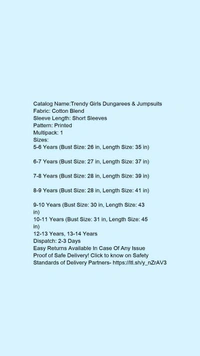 Catalog Name:*Trendy Girls Dungarees & Jumpsuits*Fabric: Cotton BlendSleeve Length: Short SleevesPattern: PrintedMultipack: 1 - 9-10 Years