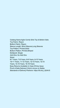 Catalog Name:*Agile Comfy Girls Top & Bottom Sets*Top Fabric: RayonBottom Fabric: RayonSleeve Length: SleevelessTop Pattern: AppliqueBottom Pattern: AppliqueMultipack: Single -  11 -12