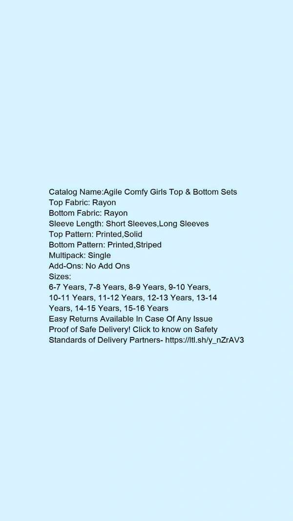 Catalog Name:*Agile Comfy Girls Top & Bottom Sets*Top Fabric: RayonBottom Fabric: RayonSleeve Length: SleevelessTop Pattern: AppliqueBottom Pattern: AppliqueMultipack: Single -  11 -12