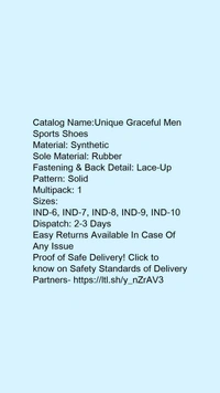 Catalog Name:*Unique Graceful Men Sports Shoes*Material: SyntheticSole Material: RubberFastening & Back Detail: Lace-UpPattern: SolidMultipack: 1 - 10