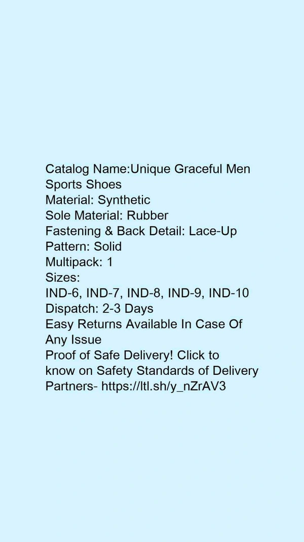Catalog Name:*Unique Graceful Men Sports Shoes*Material: SyntheticSole Material: RubberFastening & Back Detail: Lace-UpPattern: SolidMultipack: 1 - 10