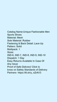 Catalog Name:*Unique Fashionable Men Sports Shoes*Material: MeshSole Material: RubberFastening & Back Detail: Lace-UpPattern: SolidMultipack: 1 - 7