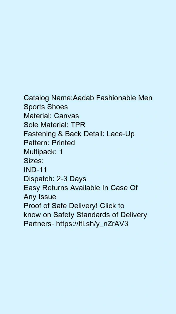 Catalog Name:*Aadab Fashionable Men Sports Shoes*Material: CanvasSole Material: TPRFastening & Back Detail: Lace-UpPattern: PrintedMultipack: 1 - 6