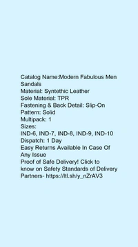 Catalog Name:*Modern Fabulous Men Sandals*Material: Syntethic LeatherSole Material: TPRFastening & Back Detail: Slip-OnPattern: SolidMultipack: 1 - 7