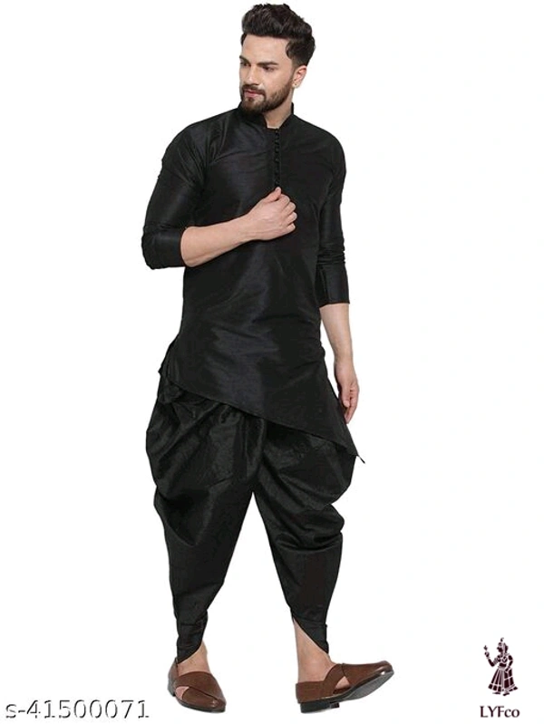 Catalog Name:*Classy Men Kurta Sets*Top Fabric: Silk BlendBottom Fabric: Silk BlendScarf Fabric: Silk BlendSleeve Length: Long SleevesBottom Type: DhotiStitch Type: StitchedPattern: Solid - S
