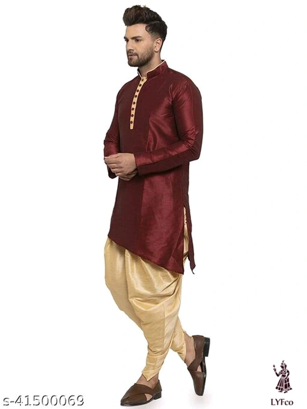 Catalog Name:*Classy Men Kurta Sets*Top Fabric: Silk BlendBottom Fabric: Silk BlendScarf Fabric: Silk BlendSleeve Length: Long SleevesBottom Type: DhotiStitch Type: StitchedPattern: Solid - S