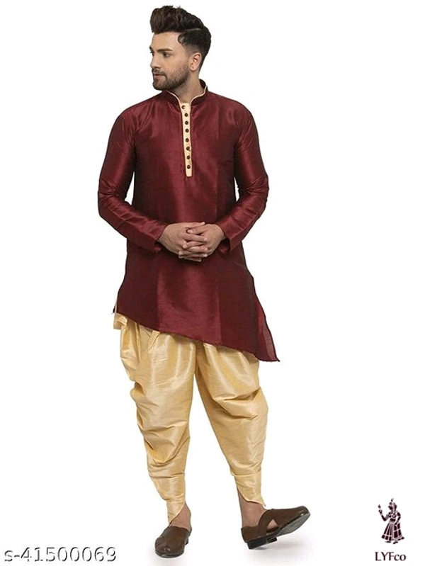 Catalog Name:*Classy Men Kurta Sets*Top Fabric: Silk BlendBottom Fabric: Silk BlendScarf Fabric: Silk BlendSleeve Length: Long SleevesBottom Type: DhotiStitch Type: StitchedPattern: Solid - L