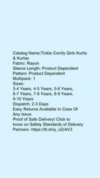Catalog Name:*Tinkle Comfy Girls Kurtis & Kurtas*Fabric: RayonSleeve Length: Product DependentPattern: Product DependentMultipack: 1 - 9-10 Years