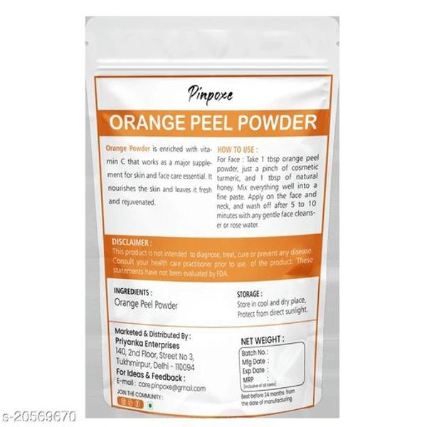 PINPOXE Organic Herbal Orange Peel Powder For Skin Face Skin Whitening & Hair Conditioning-50g (Pack of 1)Product Name: PINPOXE Organic Herbal Orange Peel Powder For Skin Face Skin Whitening & Hair Conditioning-50g (Pack of 1)Brand: OthersFlavour: OrangeMultipack: 1Skin Type: All Skin TypesType: Loose PowderCapacity: 50gm100% PURE AND NATURAL ORANGE FRUIT  POWDERCountry of Origin:  - free size