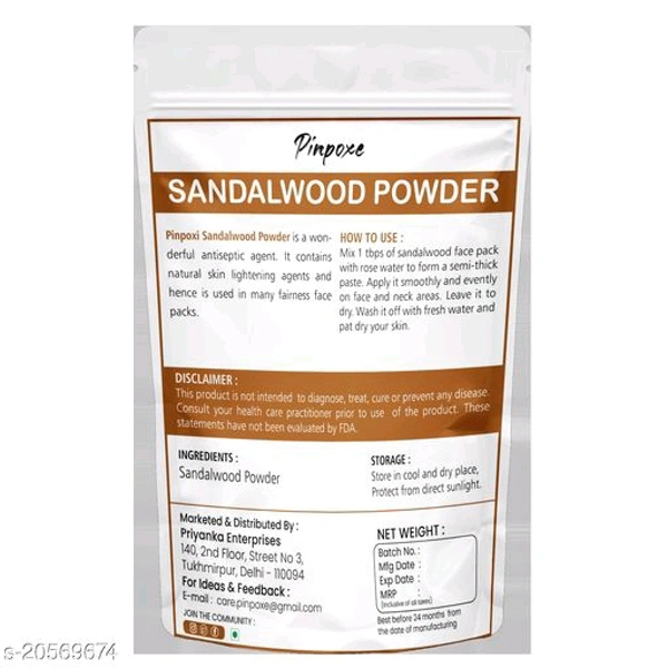 PINPOXE Sandalwood Powder (Chandan) for Face Masks, Facials and Skin Care 500g (Pack of 1)Product Name: PINPOXE Sandalwood Powder (Chandan) for Face Masks, Facials and Skin Care 500g (Pack of 1)Brand: OthersFlavour: SandalwoodMultipack: 1Skin Type: All Skin TypesType: Loose PowderCapacity: 400-500gm100% PURE AND NATURAL SANDALWOOD POWDERCountry of Origin: India - free size