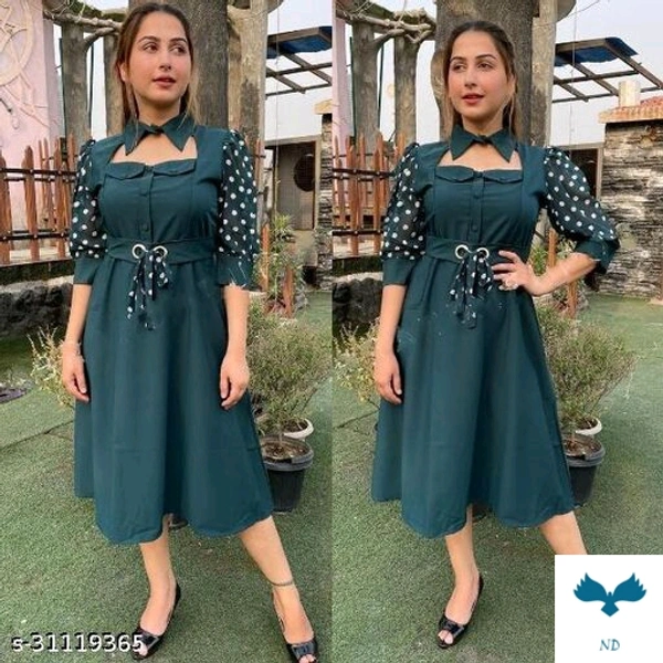 Pretty Fashionable Women DressesFabric: Cotton BlendSleeve Length: Short SleevesPattern: SolidMultipack: 1Sizes:S (Bust Size: 36 in, Length Size: 39 in) M (Bust Size: 38 in, Length Size: 39 in) this dress is made with imported fabric , premium quality fabric .Sleeves Are Polka Printed Georgetta fabric ,in front panel details are ,buttons, same colour belt with ileat .100% colour gr - S
