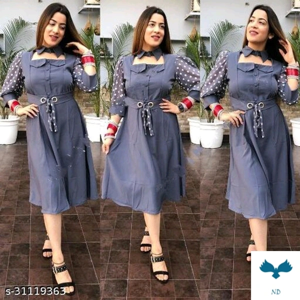 Pretty Fashionable Women DressesFabric: Cotton BlendSleeve Length: Short SleevesPattern: SolidMultipack: 1Sizes:S (Bust Size: 36 in, Length Size: 39 in) M (Bust Size: 38 in, Length Size: 39 in) this dress is made with imported fabric , premium quality fabric .Sleeves Are Polka Printed Georgetta fabric ,in front panel details are ,buttons, same colour belt with ileat .100% colour gr - M