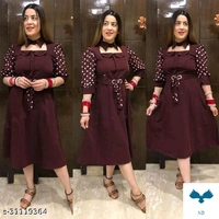 Pretty Fashionable Women DressesFabric: Cotton BlendSleeve Length: Short SleevesPattern: SolidMultipack: 1Sizes:S (Bust Size: 36 in, Length Size: 39 in) M (Bust Size: 38 in, Length Size: 39 in) this dress is made with imported fabric , premium quality fabric .Sleeves Are Polka Printed Georgetta fabric ,in front panel details are ,buttons, same colour belt with ileat .100% colour gr - M
