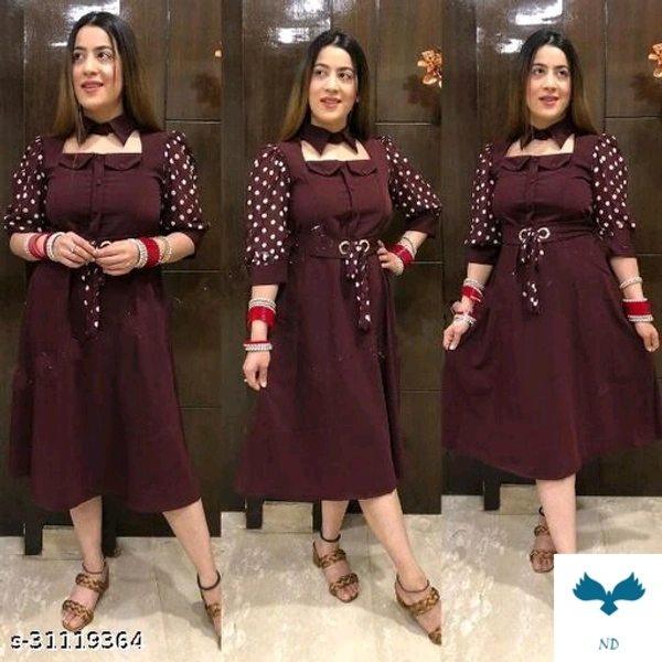 Pretty Fashionable Women DressesFabric: Cotton BlendSleeve Length: Short SleevesPattern: SolidMultipack: 1Sizes:S (Bust Size: 36 in, Length Size: 39 in) M (Bust Size: 38 in, Length Size: 39 in) this dress is made with imported fabric , premium quality fabric .Sleeves Are Polka Printed Georgetta fabric ,in front panel details are ,buttons, same colour belt with ileat .100% colour gr - M