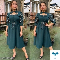 Pretty Fashionable Women DressesFabric: Cotton BlendSleeve Length: Short SleevesPattern: SolidMultipack: 1Sizes:S (Bust Size: 36 in, Length Size: 39 in) M (Bust Size: 38 in, Length Size: 39 in) this dress is made with imported fabric , premium quality fabric .Sleeves Are Polka Printed Georgetta fabric ,in front panel details are ,buttons, same colour belt with ileat .100% colour gr - M