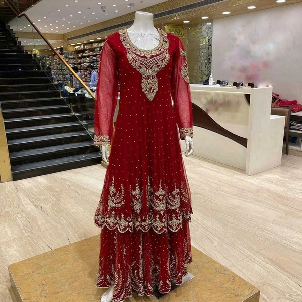 Heavy Embroidery Kurti Sharara Set - S, red