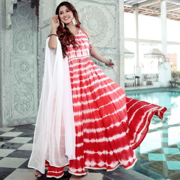 New Designer Anarkali Printed Gown With Duppata - S, red 