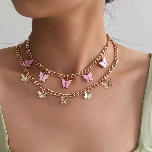Multiple Butterfly Necklace/Choker - pink