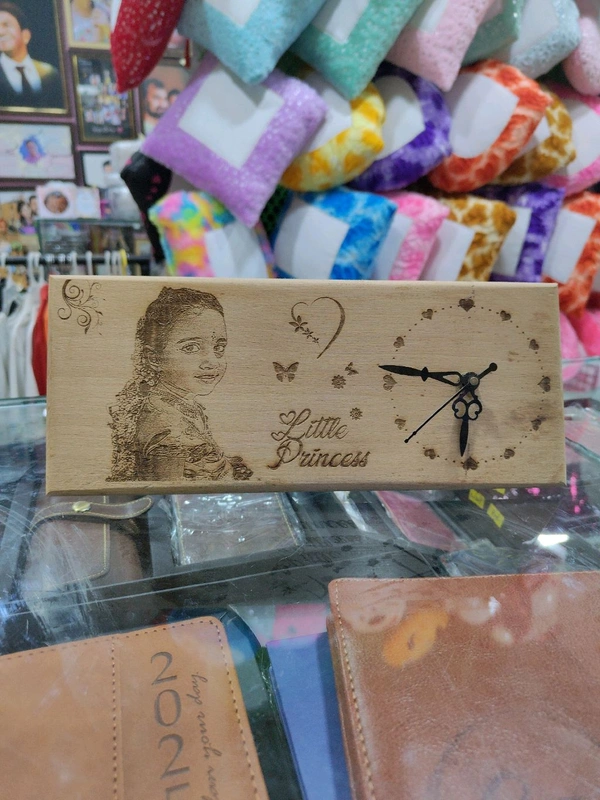 Wooden Engraved Photo Frame with Clock - 12x5" Inch