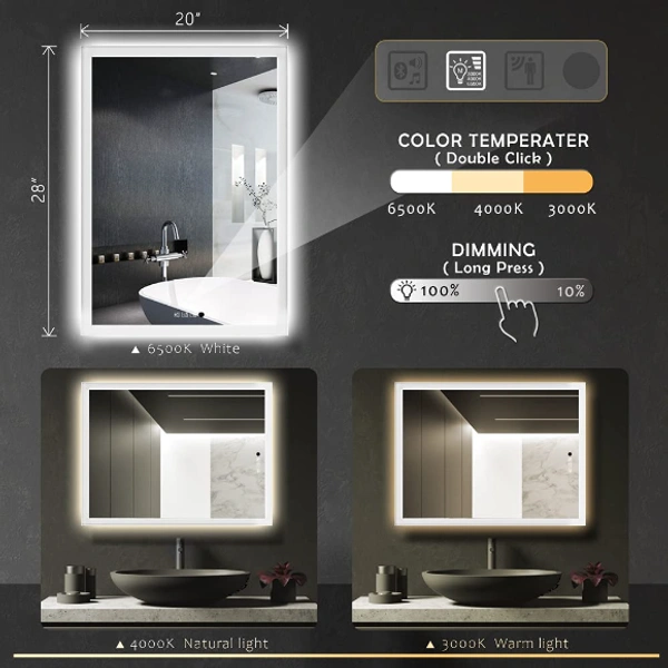 BMIS TOUCH SCREEN MIRROR WITH BLUETOOTH - 18 inch x 24 inch = 3 sq ft, White