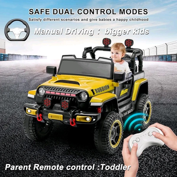 HOT GARAGE Hot Garage 12V Electric Ride-On Truck for Kids: Ride on Jeep with Parental Remote Control,Openable Doors, Music & MP3 Connectivity - Safe & Durable Electric VehicleToy for Girls Boys(Yellow)
